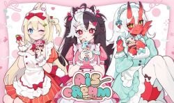 3girls ahoge akumi apron bangs black_hair blonde_hair blue_eyes bow closed_mouth dress food fruit hair_ornament hairbow heart horns long_hair looking_at_viewer maid_headdress momotexx_(vtuber) multiple_girls one_eye_closed oni oni_horns puffy_short_sleeves puffy_sleeves red_eyes red_hair short_sleeves smile strawberry striped vertical_stripes very_long_hair virtual_youtuber vtuber vyugen white_hair wrist_cuffs yenko