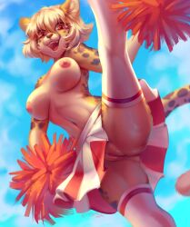 2025 absurd_res admiralobster anthro blonde_hair blue_sky bottomwear breasts cheerleader clitoris clothing dated exposed_breasts eyelashes fangs felid female female_anthro front_view fur genitals hair hi_res humanoid_genitalia humanoid_vulva legwear looking_at_viewer mammal navel nipples open_mouth open_smile outside red_bottomwear red_clothing red_eyes red_nipples red_skirt red_tongue short_hair signature skirt sky smile solo spread_legs spreading tan_body tan_fur teeth tongue vulva white_bottomwear white_clothing white_legwear white_skirt yellow_body yellow_fur
