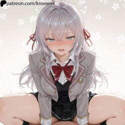 1girls ahoge ai_generated alisa_mikhailovna_kujou blue_eyes blush cowgirl_position female female_focus krowenx legs_spread long_hair motion_lines on_top open_mouth school_uniform silver_hair skirt spread_legs sweat sweatdrop thick_thighs thighs tokidoki_bosotto_russian_de_dereru_tonari_no_alya-san