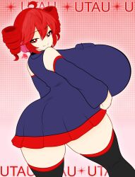 1girls 2d 2d_(artwork) ahoge arched_back arm_tattoo ass back back_view backboob big_ass big_breasts big_thighs breasts breasts_bigger_than_head breasts_bigger_than_torso clothed clothed_female clothing curvaceous curvy curvy_female curvy_figure detached_sleeves enormous_breasts eyelashes fat_breasts fat_thighs female female_only fully_clothed gigantic_breasts headgear hips_wider_than_shoulders hourglass_figure huge_ass huge_breasts huge_thighs hyper hyper_breasts kasane_teto large_ass large_breasts large_thighs looking_at_viewer looking_back massive_breasts miniskirt plump plump_breasts plump_thighs red_eyes red_hair seductive seductive_look seductive_smile sh4rkzynn simple_background skirt smile solo solo_female sticking_ass_out tattoo thick_thighs thighhighs thighs thighs_bigger_than_torso top_heavy twin_drills utau voluptuous voluptuous_female wide_hips