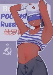 1boy armpits arms_up belly belly_button cap country countryhumans hat looking_at_viewer male necklace russia_(countryhumans)