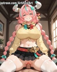 1boy1girl 1girls ahoge ai_generated animal_ears balls bare_shoulders belly_button belt big_ass big_balls big_breasts big_butt big_dick big_penis big_thighs black_skirt blush bottomless braid braids breasts clitoral_hood clitoris cock cow_ears cow_girl cow_horns cowgirl_position crop_top curvy cute cute_face detached_sleeves dick ear_tag enticing erection female female_focus genshin_impact grin hair_ornament horns horny hoyoverse indoors large_breasts long_hair long_sleeves looking_at_viewer miniskirt multicolored_hair nail_polish navel no_panties nude pale-skinned_female pale_skin penis pink_hair pleated_skirt pov pretty_face pretty_woman pussy pussy_juice pussy_lips red_belt revealing_clothes sex sexy skirt smile spread_legs straddling straight sweat sweater sweating tears tempting thick_thighs thighhighs thighs twin_braids uncensored vaginal_fluids vaginal_insertion vaginal_penetration vaginal_sex varesa varesa_(genshin_impact) very_long_hair watermark without_panties