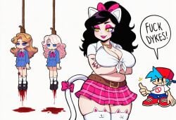 1boy 3girls ai ai_generated artificial_intelligence bf_(fnf) bimbo black_hair blonde_hair blood bloody blue_eyes blue_hair boyfriend_(friday_night_funkin) bruise cat_ears cat_girl cat_tail catgirl chubby_female clarice_(sona) cloud_(friday_night_funkin) curvy_female dark_humor fnf fnf_mod fnf_mods friday_night_funkin friday_night_funkin_mod hanging hazel_eyes homophobic_slur lesbian_correction lesbophobia misogyny moles murder murdered neko_pose novelai pale-skinned_female pale_skin pink_hair senpai_(friday_night_funkin) snuff spite