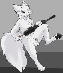 4_fingers 4_toes animal_genitalia anthro balls bedroom_eyes black_pawpads black_sclera blue_eyes canid canine casualties:unknown claws digital_media_(artwork) digitigrade envoyager feet fingers fluffy fluffy_tail fur genitals gun gunsaw gunsawian hi_res looking_at_viewer male mammal milky_(gunsaw) narrowed_eyes nude pawpads paws penis penis_tip presenting presenting_balls presenting_penis presenting_penis_tip ranged_weapon rifle scav_prototype seductive sheath simple_background sitting solo tail toes weapon white_body white_fur