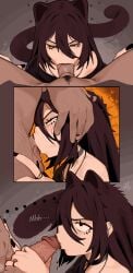1girls 3_panel_comic artist_request brown_hair brunette cat_ears cat_tail catgirl choker closed_eyes deepthroat earrings fellatio kemonomimi looking_at_another looking_at_partner looking_up makeup source_request sucking sucking_penis tagme