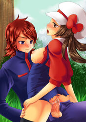 1boy 1girls ass censored cherry_peachcat highres human_only lyra_(pokemon) pokemon pokemon_hgss sex silver_(pokemon) torn_clothes