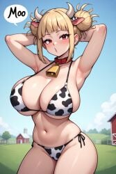 ai_generated barn big_breasts bikini bikini_bottom bikini_top blonde-haired_female blonde_female blonde_hair boku_no_hero_academia breasts collar collared cow_ears cow_girl cow_horns cow_print cow_print_bikini cowbell cowbell_collar cowgirl farm farm_girl farmgirl hands_behind_head himiko_toga moo_bitch my_hero_academia text text_bubble toga_himiko