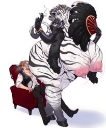 absurd_res anthro areola beatrix_(rexpecs) belt big_breasts bracelet breasts cigarette dancing duo ear_piercing ear_ring equid equine feather_fan female hi_res hooves huge_breasts huge_thighs human jewelry lapdance lips male mammal nipples nude piercing ring_piercing tail thick_bottom_lip thick_thighs vein veiny_breasts weatherbane zebra