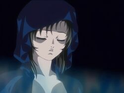 00s 2002 3girls animated anime_screenshot basement bible_black bible_black_gaiden breasts brown_hair cloak female green_eyes green_hair hood kozono_nami large_breasts lipstick makeup morita_rie multiple_girls purple_hair rie_morita ritual robe shido_saki short_hair smile summoning tagme yellow_eyes