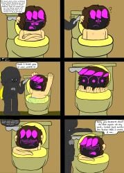 absurd_res arachnid arthropod balls brown_hair comic dialogue dizzy dizzy_eyes duo erection flushed flushing_toilet genitals glans hair hi_res holding_penis human humanoid_genitalia humanoid_penis ink lapiscrowlime male male/male mammal nipples nude penis scorpion slime spiral spiral_eyes swirl swirls tan_body teeth toilet