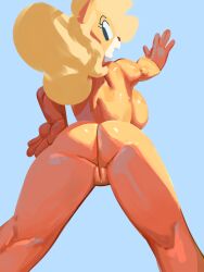 activision animal_humanoid ass bandicoot big_breasts blonde_hair bodily_fluids breasts coco_bandicoot crash_(series) digital_media_(artwork) female genitals green_eyes hair hi_res humanoid kranson looking_at_viewer mammal marsupial nipples nude simple_background smile solo tail vulva