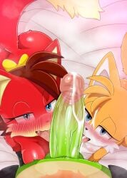 1boy 2girls 2girls1boy all_fours anthro anthro_on_anthro archie_comics ass balls bed bedsheets blue_eyes blush blushing_at_viewer blushing_female bow bow_accessory bow_ribbon breasts cock cum cum_in_mouth cum_on_face dick digital_art digital_drawing_(artwork) digital_painting_(artwork) duo_focus erection eyes_half_closed female_focus female_fox fiona_fox fox fox_ears fox_girl fox_tail furry furry_ears furry_female furry_male furry_only furry_tail green_body green_fur green_hair green_penis hedgehog jacket licking licking_penis looking_at_viewer miles_tails_prower mobian mobian_(species) mobian_hedgehog nipples open_jacket orange_body orange_fur orange_skin penis red_body red_fur red_skin rule_63 scar scar_on_chest scourge_the_hedgehog sega small_breasts smaller_female sonic_(series) sonic_the_hedgehog_(archie) sonic_the_hedgehog_(comics) sonic_the_hedgehog_(series) tails tails_the_fox tailsko tailsprop tears testicles tongue tongue_out trio video_game_character video_game_franchise video_games yellow_body yellow_fur yellow_skin