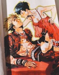 1boy 1boy1girl 1girls black_hair blonde_hair blue_eyes blush bracelet breasts clothed_male_nude_female color ear_piercing earrings female_pubic_hair flower functionally_nude half-closed_eyes hand_on_another's_thigh highres jacket kneeling legband lighting lingerie looking_at_another meryl_stryfe muscular muscular_male necklace nipples omgktoeto painted_nails partially_clothed pubic_hair red_nails romantic romantic_couple rose scar scars_all_over see-through slight_blush smile spiked_bracelet spiky_hair standing straight traditional_media_(artwork) trigun valentine's_day vash_the_stampede white_nails wholesome