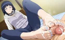 ai_generated blue_hair blue_toenails blush cum cum_on_feet ejaculating ejaculation femdom foojob foot_smell footdom footdomfantasy footjob hyuuga_hinata naruto_(series) smelly_feet uzumaki_naruto white_eyes