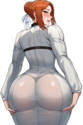 ai_generated ass ass_focus back_view big_ass devil_may_cry devil_may_cry_4 female ginger_hair hair_bun hand_on_ass hazel_eyes kyrie_(devil_may_cry) looking_at_viewer panties panties_visible_through_clothing pantylines presenting_hindquarters thong