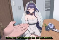 1girl 1other ai_assisted ai_generated armpit_crease artist_name bare_shoulders braid breasts cleavage closed_mouth dress elbow_gloves english_text flower genshin_impact gloves hand_up hetero hoyoverse indoors large_breasts long_hair looking_at_viewer low-tied_long_hair meme mihoyo mole mole_under_eye nay_juno neck_ribbon patreon_username pov pov_hands purple_eyes purple_hair raiden_shogun ribbon single_braid sitting skirt_hold smile solo_focus strapless strapless_dress thighs tiara veil very_long_hair weapon wedding_dress white_dress white_gloves