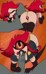 baxter_(hazbin_hotel) bent_over blowjob bottomless bush closed_eyes cum cum_in_mouth demon_girl hazbin_hotel hellaverse long_gloves maid_uniform niffty niffty_fucker nightgown presenting_hindquarters pubic_hair red_hair thighhighs vivienne_medrano wearing_others_clothes