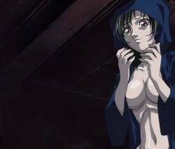 00s 1girls 2002 animated anime_screenshot basement bible_black bible_black_gaiden bouncing_breasts breasts cloak female green_hair large_breasts morita_rie nipples rie_morita ritual robe short_hair tagme twintails