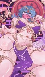 ass_visible_through_thighs closed_mouth genshin_impact gigantic_thighs harem_outfit huge_ass huge_breasts long_nails nails purple_outfit reclining red_nails seductive sleepingsoul smile sucrose_(genshin_impact) thick_thighs wide_hips