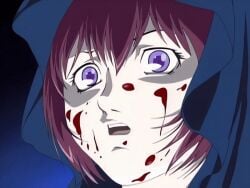 00s 1girls 2002 animated anime_screenshot bible_black bible_black_gaiden blood breasts cloak completely_nude demon demon_boy demon_horns demon_wings female horns long_hair nipples nude purple_eyes red_hair restrained tagme takashiro_hiroko wings