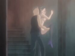 00s 1boy 1girls 2008 against_wall alley animated anime_screenshot aqua_hair ass bible_black bible_black:_restored bouncing_breasts breasts dark_alleyway delinquent doggy_style female from_behind grey_hair high_heel large_breasts leg_lift lipstick lowres makeup mohawk nipples purple_vest rape sex sex_from_behind short_hair stairs tagme thighhighs vest wristband
