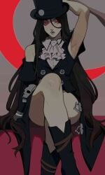 1other armpit_fetish armpits boots femboy guilty_gear guilty_gear_strive long_hair nonbinary porqueloin red_eyes shoulders skull solo testament_(guilty_gear) thighs