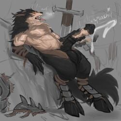abs absurd_res animal_genitalia animal_penis anthro armor aroused bai_(laobai) balls big_balls big_penis bodily_fluids breath canid claws cum cumshot dripping ejaculation equine_genitalia equine_penis flared_penis genital_fluids genitals greatsword hi_res hooves hybrid laobai male mammal masturbation muscular muscular_male panting pecs penile penis precum precum_drip solo throbbing throbbing_penis