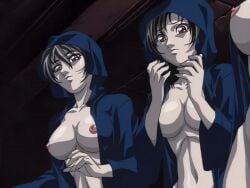 00s 2002 3girls animated anime_screenshot basement bible_black bible_black_gaiden bouncing_breasts breasts brown_hair cloak female green_eyes green_hair kozono_nami large_breasts lipstick makeup morita_rie multiple_girls nipples purple_hair rie_morita ritual robe shido_saki short_hair tagme twintails yellow_eyes