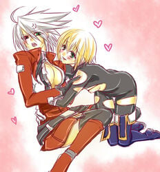 2girls akatsuki_tomato belt blazblue blonde_hair blush breasts cleavage color female gloves green_eyes heterochromia jin_kisaragi kisaragi_jin multiple_girls nipple_slip nipples open_mouth ragna_the_bloodedge red_eyes rule_63 short_hair siblings sisters small_breasts thighhighs torn_clothes white_hair