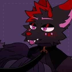 1:1 animated anthro blush blush_lines bodily_fluids breath bulge bulge_in_face canid canine cheek_tuft clothing collar duo facial_tuft fishnet_clothing fluffy half-closed_eyes heart_eyes heart_pupils heart_symbol horn kentrl-z leash leash_pull male male/male mammal narrowed_eyes neck_tuft panting shove sweat sweatdrop toony tuft