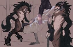 absurd_res animal_genitalia animal_penis anthro bai_(laobai) bodily_fluids breeding_mount canid cum cumshot demon digitigrade ejaculation equine_genitalia equine_penis equine_tail erection flared_penis genital_fluids genitals hi_res hooves horn hybrid laobai male mammal on_one_leg penis solo standing throbbing throbbing_penis