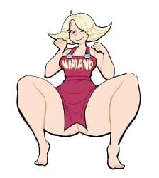 1girls apron apron_only barefoot blonde_hair bottom_heavy breasts crouching female female_only freckles hair_over_one_eye legs_apart looking_at_viewer lovetopullmicke mato_(one_piece) naked_apron nude nude_female one_piece png pussy pussy_peek solo spread_legs spreading squatting thick_thighs thunder_thighs wide_hips
