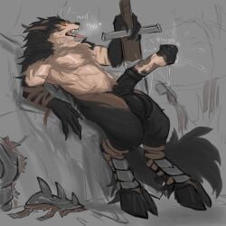 absurd_res animal_genitalia animal_penis anthro armor aroused bai_(laobai) balls big_balls big_penis bodily_fluids breath canid claws dripping equine_genitalia equine_penis flared_penis genital_fluids genitals greatsword hi_res hooves hybrid laobai male mammal panting penis precum precum_drip solo throbbing throbbing_penis