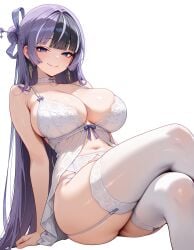 1girls ai_generated breasts female female_only goddess_of_victory:_nikke hime_cut huge_breasts jien_(nikke) large_breasts lingerie lingerie_bra lingerie_panties long_hair pale_skin pale_skinned_female purple_eyes purple_hair sitting smile thick_thighs thighhighs thighs white_background white_thighhighs