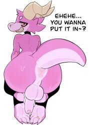 2_horns anthro anus ass backsack balls big_balls big_butt big_penis black_clothing black_legwear black_thigh_highs bodily_fluids choker clothing dialogue digit_ring english_text feet femboy genitals gigawix hi_res horn humanoid_genitalia humanoid_penis jewelry kobold legwear looking_back male necklace penis pink_body pink_scales ring scales scalie simple_background smile solo sweat sweatdrop text thigh_highs toe_ring toes white_background