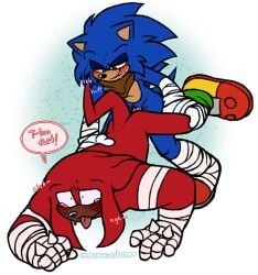 2023 anal anal_sex andromorph andromorph/male andromorph_penetrated anthro bandage_wraps blue_body blush bodily_fluids clothing dark_body dark_skin dialogue digital_drawing_(artwork) digital_media_(artwork) duo echidna eulipotyphlan footwear footwear_only from_behind_position green_eyes hand_on_back hedgehog intersex intersex/male intersex_penetrated knuckles_the_echidna male male_penetrating male_penetrating_andromorph male_penetrating_intersex mammal meowwabae monotreme mostly_nude penetration penile penile_penetration penis_in_ass raised_leg red_body scarf sega sex shoes shoes_only simple_background smile sonic_boom sonic_the_hedgehog sonic_the_hedgehog_(series) speech_bubble sweat tail tan_body tan_skin tongue tongue_out wheelbarrow_position white_background