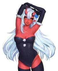 akumi armpits arms_up artist_name bare_shoulders black_gloves black_legwear breasts cleavage contrapposto covered_navel cowboy_shot earrings elbow_gloves female gloves hair_between_eyes horns jewelry long_hair looking_at_viewer parted_lips pointy_ears smile solo standing strapless strapless_leotard striped thighhighs virtual_youtuber vtuber vyugen white_background white_hair yellow_eyes