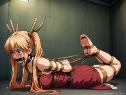 ai_generated basement blonde_hair bondage dress female gagged hogtie horns kobayashi-san_chi_no_maidragon laying_on_stomach rope_bondage tohru_(dragon_maid)