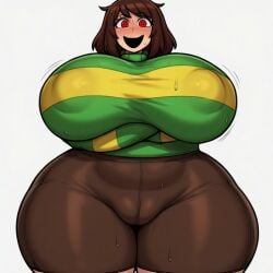 1girls ai_generated big_breasts chara dress female nipples sexy smile smiling solo srimbievil58 sweat undertale undertale_(series) video_games