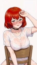 anime big_breasts black_choker blush bob_cut busty censored chair choker cleavage clothes_clinging curvy deep_cleavage ecchi exhausted eyewear female glasses hand_on_forehead heat heavy_blush hot huge_breasts lollololli looking_at_viewer nipple_outline nipples oiled_skin oppai overbearing_heat red_hair round_glasses see_through shiny_skin short_hair simple_background sitting soft_body solo spread_legs straddling straddling_chair sweat sweat_drops sweating t-shirt thick thighs translucent voluptuous wet_clothes wet_shirt wet_skin white_background white_shirt wiping_sweat wooden_chair
