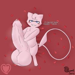 ball_tuft balls bed bedroom_eyes big_balls big_penis blue_eyes blush bodily_fluids chest_tuft english_text erection eyewear feral foreskin fur furniture generation_1_pokemon genital_fluids genital_raphe genitals glasses hand_on_penis head_tuft hi_res holidays huge_balls huge_cock humanoid_genitalia humanoid_penis hyper hyper_balls hyper_genitalia hyper_penis kamek_sans legendary_pokemon looking_at_viewer lying male mew_(pokemon) miles_(kamek_sans) musk narrowed_eyes nintendo on_back on_bed penis petals pink_body pink_fur pokemon pokemon_(species) precum raphe_(anatomy) rose_petals scrotal_raphe scrotum_flap seductive signature slightly_chubby solo text tuft valentine's_day vein veiny_penis