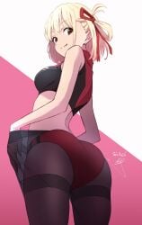 ass black_pantyhose blonde_hair breasts buruma closed_mouth commentary_request female from_behind from_below hair_ribbon highres lycoris_recoil medium_breasts midriff nii_manabu nishikigi_chisato one_side_up pantyhose red_eyes ribbon short_hair signature smile solo sports_bra