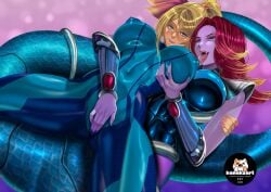 2girls aroused blonde_hair blue_eyes bodysuit commission commissioner_upload crack_pairing crossover crossover_pairing crossover_ship crossover_shipping eastern_and_western_character erect_nipples female female_only fully_clothed ginger human interspecies kanakzart league_of_legends lick licking licking_nipple long_hair marai merfolk mermaid metroid monster_girl nami_(league_of_legends) red_hair samus_aran space_groove_nami space_groove_series split_form yuri zero_suit zero_suit_samus