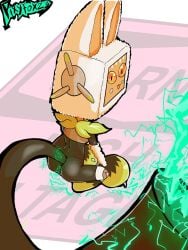 anthro anthro_female anus battery cat_ears cat_tail catgirl charging electricity furry furry_female genitals green_electricity humanoid lightning neko oban_star-racers onesie para-dice pixyfox23 pussy robot robot_girl simple_background squatting tight_clothing tv_head waifu