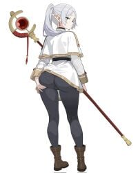1girls ass ass_grab big_ass boots brown_footwear elf frieren frieren_beyond_journey's_end from_behind full_body green_eyes holding_staff long_hair long_sleeves looking_at_viewer looking_back pointy_ears solo sousou_no_frieren staff standing white_background white_hair