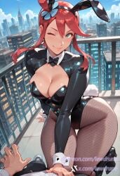 ai_generated anime blue_hair breasts_focus bunny_ears cityscape female fishnet fishnet_pantyhose fishnets grey_eyes high_heel_boots illustration lewdrune long_hair outdoors pokemon pov red_hair rooftop skyla_(pokemon) solo wink