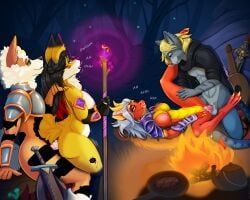 adventurer amber_eyes anal anal_sex anthro anus arcanine armor ash_hair balls bard breasts campfire canid canine dungeons_and_dragons elemental_creature felid female fire fox generation_1_pokemon genitals group hair hasbro hi_res horn ignia_(alphaleader) lute magic magic_user male male/female mammal melee_weapon moan musical_instrument mythological_creature mythological_salamander mythological_scalie mythology nintendo nipples oldoldman outside_sex penetration penile penile_penetration penis penis_in_vagina plucked_string_instrument pokemon pokemon_(species) red_body red_scales scales scalie sex staff string_instrument sword tabaxi tail vaginal_penetration vulva warrior weapon witch wizards_of_the_coast