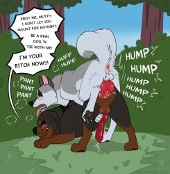 alaskan_husky anal animal_genitalia badfurgood balls big_knot blush blush_lines bodily_fluids breath canid canine canine_genitalia canis collar curled_tail dialogue domestic_dog duo feral from_behind_position genital_fluids genitals ghost_(badfurgood) hi_res huge_knot humping husky knot knotted_penis leaking_precum male male/male mammal mastiff molosser motion_lines mounting nordic_sled_dog outside panting pawpads penis precum public public_sex rottweiler saliva saliva_on_tongue semi_public sex size_difference small_balls spitz tail tongue tongue_out vito_(badfurgood) whisker_spots