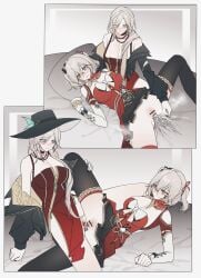 2girls 2koma absurd_res aqua_eyes bare_shoulders bed black_jacket black_skirt black_thighhighs blush bow brown_eyes brown_hair censor_bar censored cleavage clenched_teeth corset detached_collar dress female_only fingering galatea_(strinova) glasses hat large_breasts leg_grab long_hair lying lying_on_back maddelena_(strinova) medium_hair nail_polish necklace no_panties off_shoulder official_alternate_costume pelvic_curtain pillow pussy pussy_juice pussy_juice_drip red_corset red_dress skirt_lift smile strinova thighhighs tribadism twintails y9ru yexinhan yuri