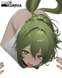 2girls arknights arknights:_endfield artist_name bottomless commentary cunnilingus english_commentary female_pov fluorite_(arknights) green_eyes green_hair highres jacket long_hair looking_at_viewer meme multiple_girls negative_space negative_space_cunnilingus_(meme) ohkurrva oral pointy_ears ponytail pov saliva simple_background snake_tail sweat tail tongue tongue_out white_background white_jacket yuri